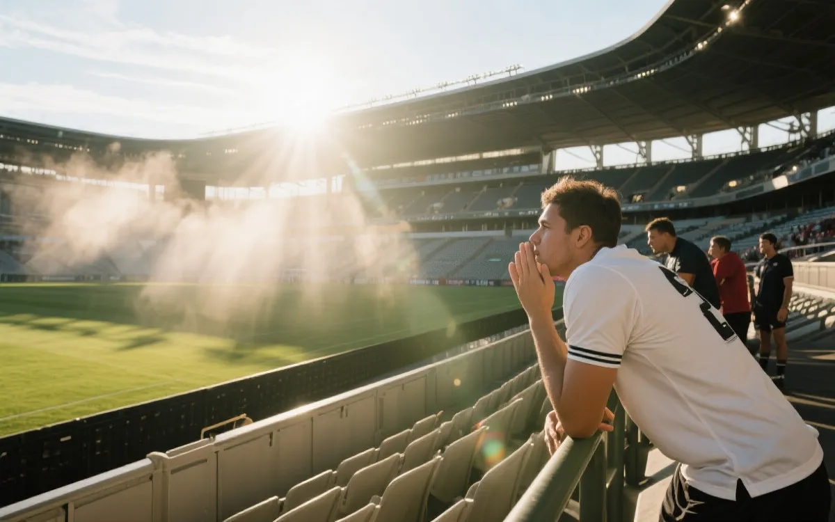 炎热比赛日下的球场氛围与球员体能消耗的抽象视觉