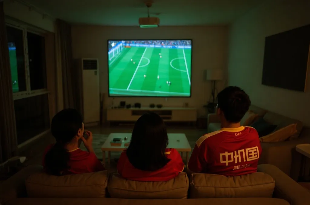 中国球迷在深夜观看世界杯决赛的客厅氛围图
