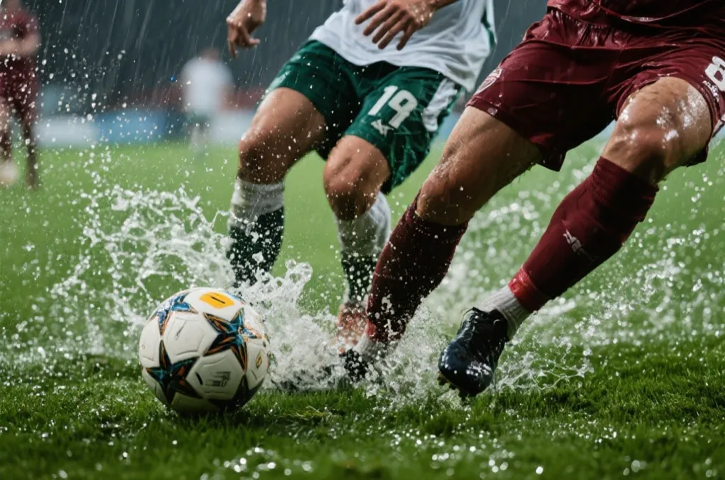 沙特球员在雨后赛场上带球突破